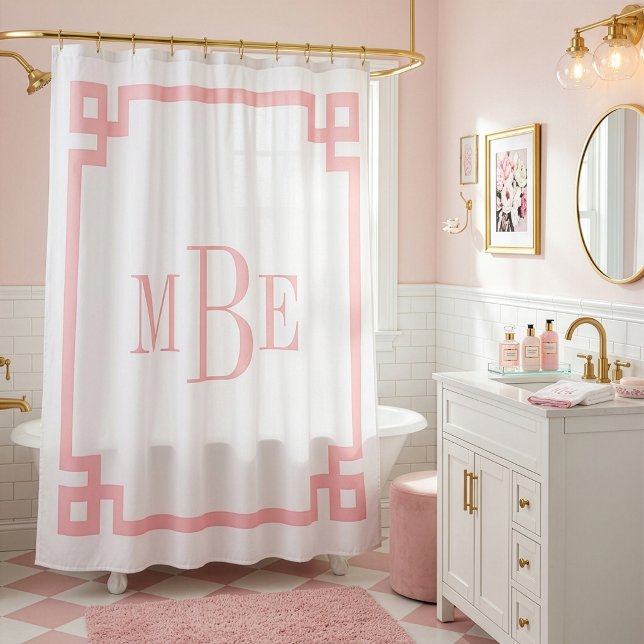 Petal Pink and White Greek Key | Monogrammed Shower Curtain (Creator Uploaded)