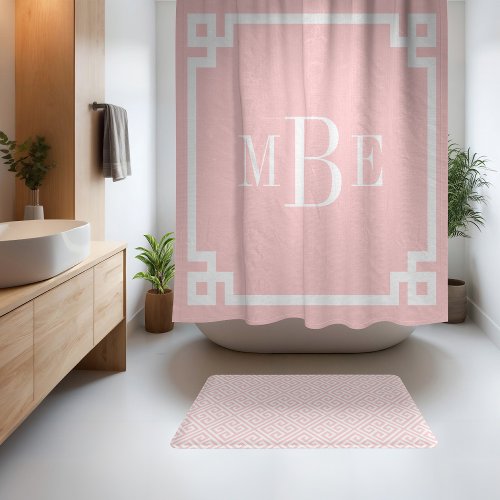 Petal Pink and White Greek Key  Monogrammed Shower Curtain