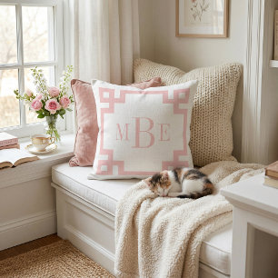 Petal Pink and White Greek Key   Monogrammed Throw Pillow