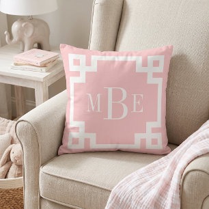 Petal Pink and White Greek Key Monogrammed Throw Pillow