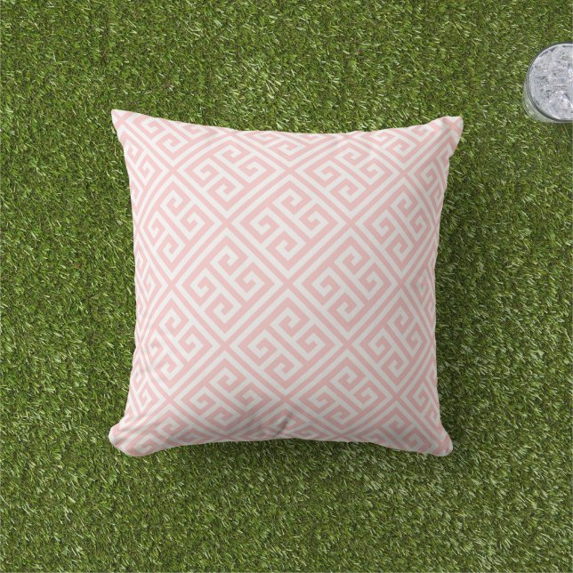 Petal Pink and White Greek Key Pattern Outdoor Pillow (Grass)
