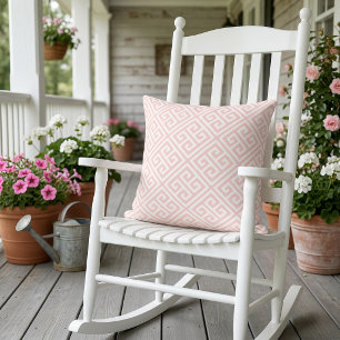Petal Pink and White Greek Key Pattern Outdoor Pillow