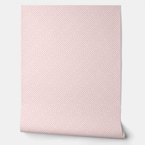 Petal Pink and White Greek Key Pattern Wallpaper