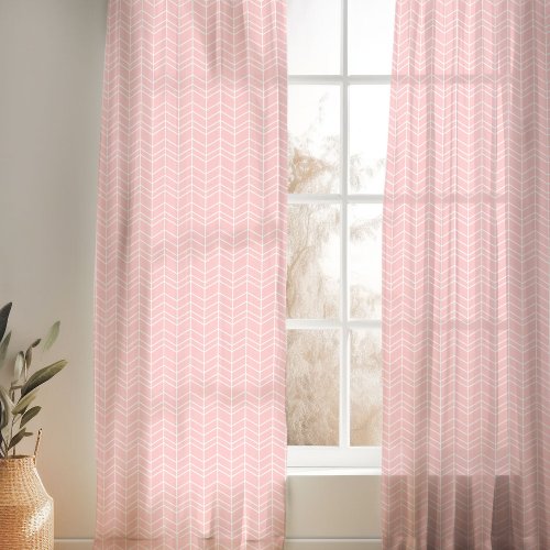 Petal Pink and White Modern Herringbone Sheer Curtains