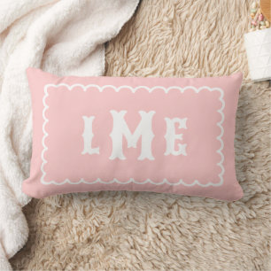 Petal Pink and White Scalloped Monogram Lumbar Pillow