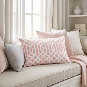 Petal Pink and White Trellis Pattern Lumbar Pillow