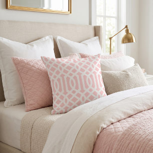 Petal Pink and White Trellis Pattern Throw Pillow