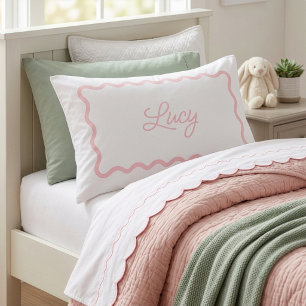 Petal Pink and White Wavy Scallop Frame Monogram Pillow Case