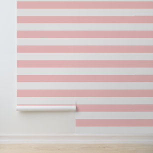 Petal Pink and White Wide Horizontal Stripes Wallpaper