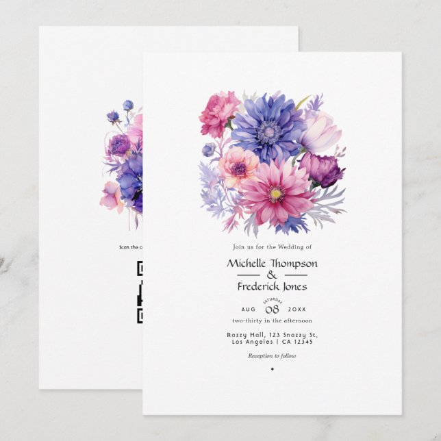 Petal Pink, Cornflower Blue & Mauve Floral Wedding Invitation (Front/Back)