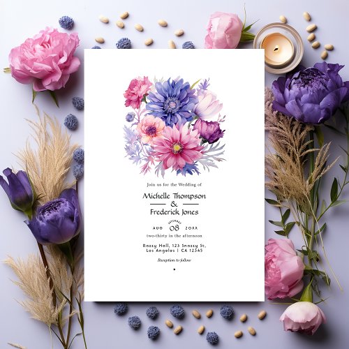 Petal Pink Cornflower Blue  Mauve Floral Wedding Invitation