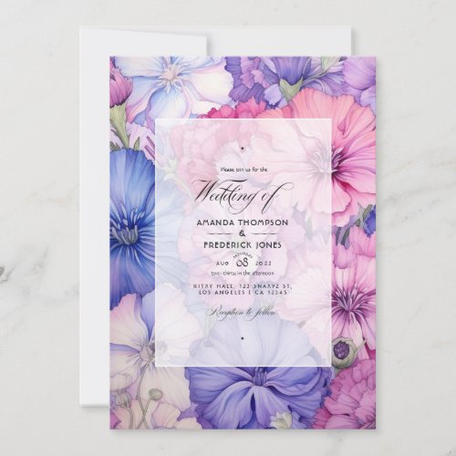 Petal Pink Cornflower Blue  Mauve Floral Wedding Invitation