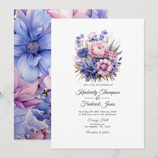 Petal Pink, Cornflower Blue & Mauve Purple Wedding Invitation (Front/Back)
