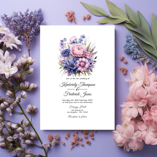 Petal Pink Cornflower Blue  Mauve Purple Wedding Invitation