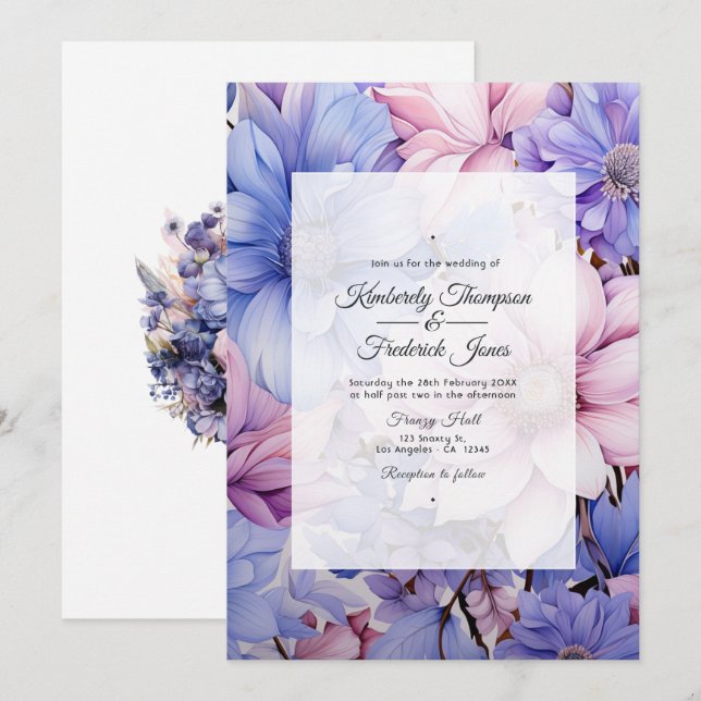Petal Pink, Cornflower Blue & Mauve Purple Wedding Invitation (Front/Back)