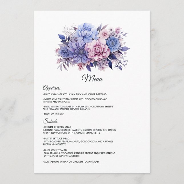Petal Pink, Cornflower Blue & Mauve Purple Wedding Menu (Front)