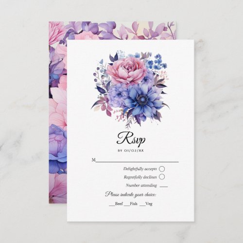 Petal Pink Cornflower Blue  Mauve Purple Wedding RSVP Card