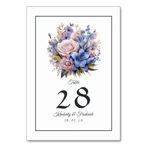 Petal Pink Cornflower Blue  Mauve Purple Wedding Table Number