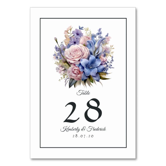Petal Pink, Cornflower Blue & Mauve Purple Wedding Table Number (Front)