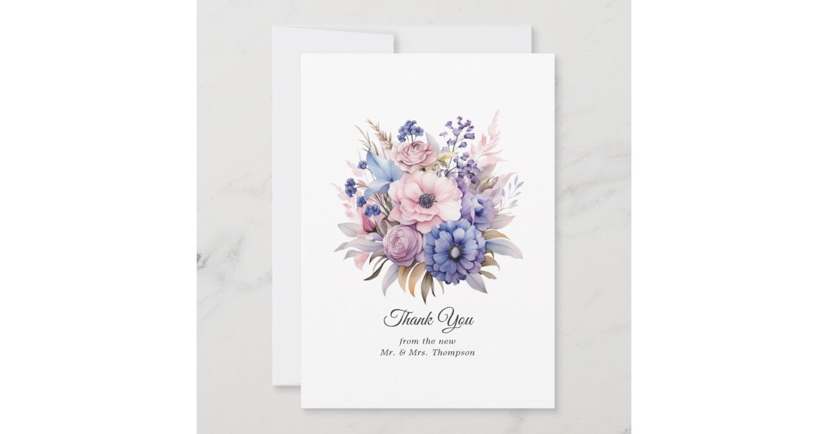 Petal Pink, Cornflower Blue & Mauve Purple Wedding Thank You Card | Zazzle