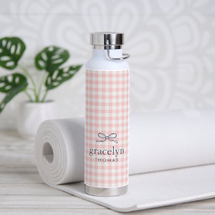 Petal Pink Gingham Bow Monogram Water Bottle