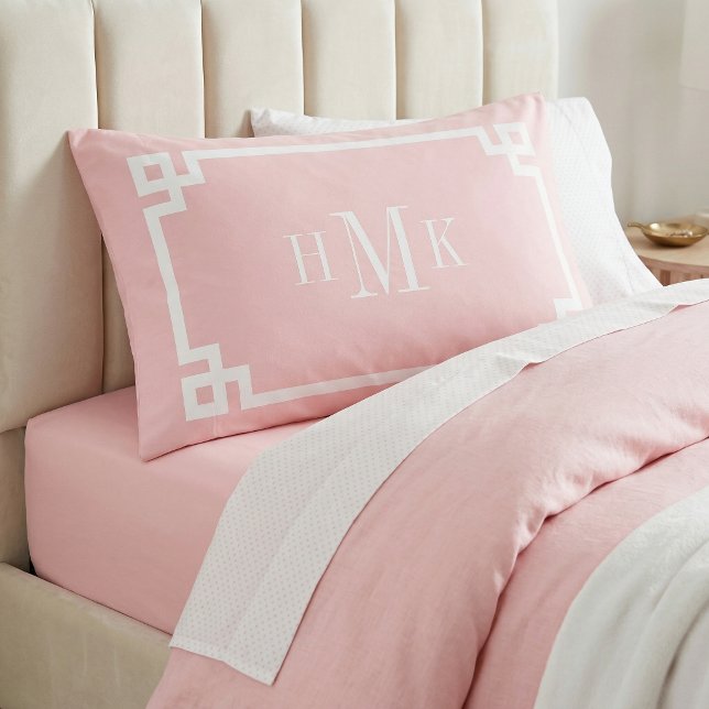 Petal Pink Greek Key Monogram Pair of Standard Pillow Case (Creator Uploaded)