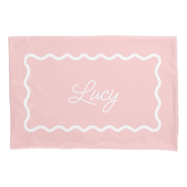 Petal Pink Wavy Scallop Frame Monogram Pillow Case (Front)