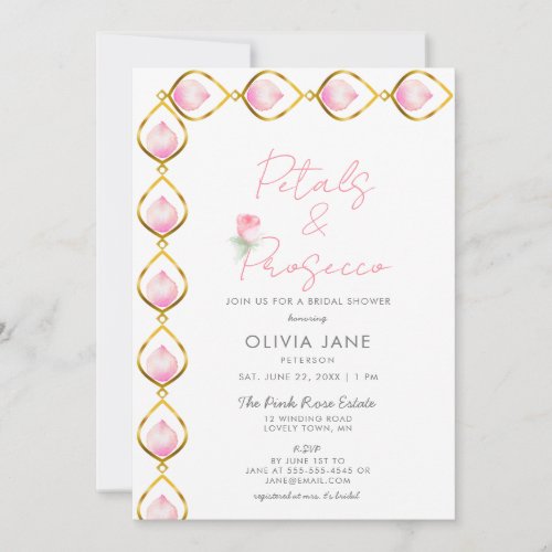 Petal Prosecco Gold Jewel Frame Rose Bridal Shower Invitation