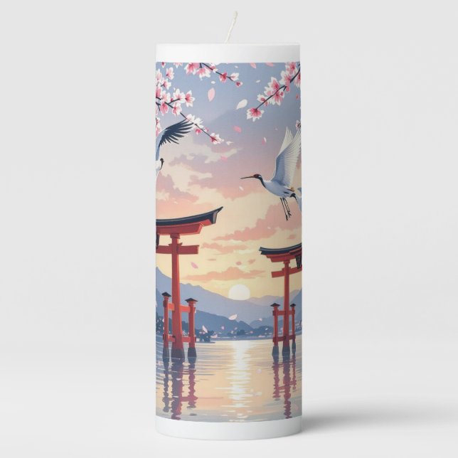 Petal Reverie—A Crane’s Serenade at Sundown Pillar Candle (Front)