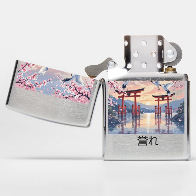 Petal Reverie—A Crane’s Serenade at Sundown Zippo Lighter (Opened)