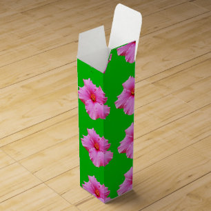 "Petal Serenity: Pink Hibiscus on a Green Canvas Wine Box