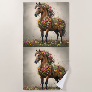 Petals And Hooves: Brown Horse Fantasy Garden, Beach Towel