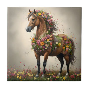 Petals And Hooves:  Brown Horse Fantasy Garden,  Ceramic Tile