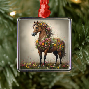 Petals And Hooves:  Brown Horse Fantasy Garden,  Metal Ornament