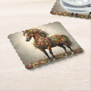Petals And Hooves: Brown Horse Fantasy Garden, Paper Coaster