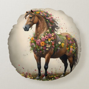 Petals And Hooves: Brown Horse Fantasy Garden, Round Pillow