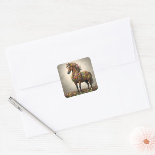Petals And Hooves:  Brown Horse Fantasy Garden,  Square Sticker