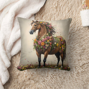 Petals And Hooves:  Brown Horse Fantasy Garden,  Throw Pillow
