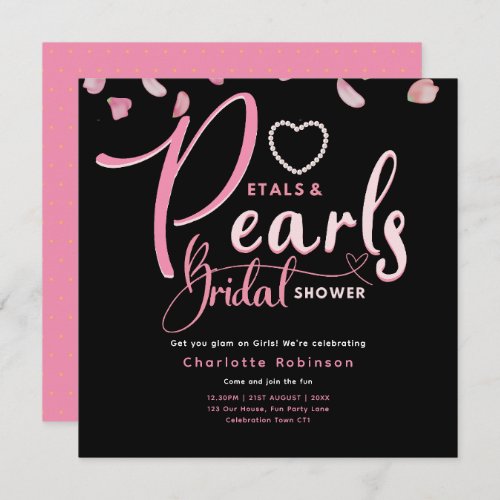 PETALS AND PEARLS Pink Black Chic Bridal Shower Invitation