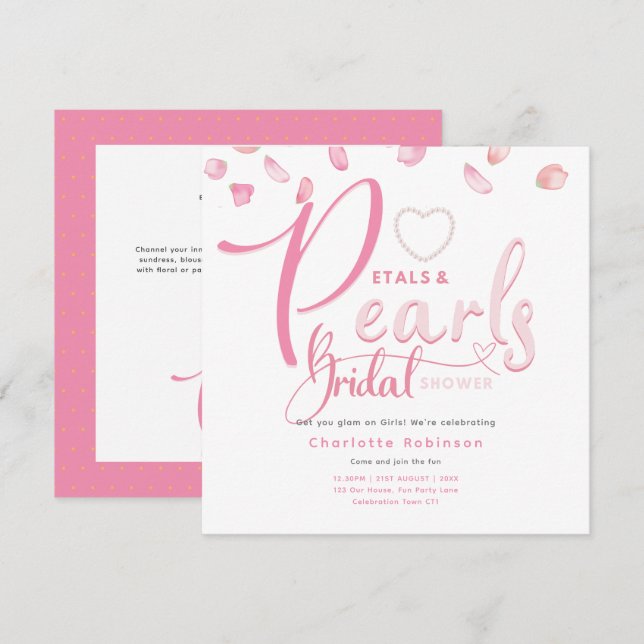 PETALS AND PEARLS Pink Glam Chic Bridal Shower Invitation (Front/Back)