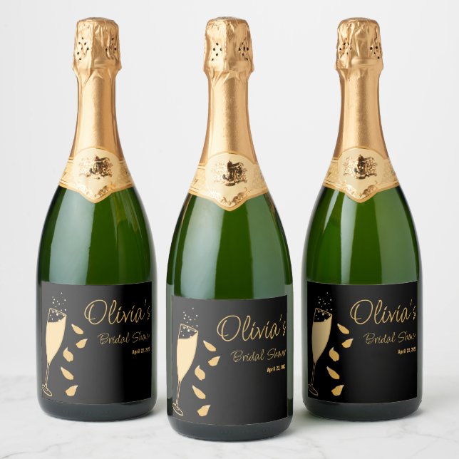 Petals and Prosecco Black gold Bridal Shower Sparkling Wine Label (Bottles)