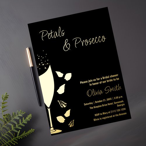 Petals and Prosecco Black Gold Elegant Invitation