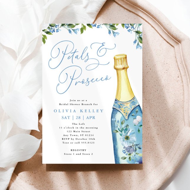 Petals and Prosecco Blue Painted Bottle Brunch Invitation (Creator Uploaded)