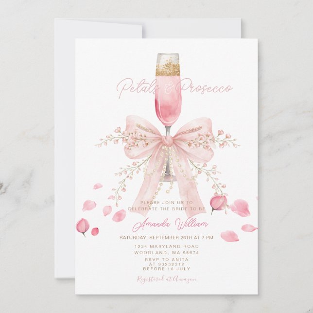 Petals and Prosecco Blush Bow Petals Bridal Shower Invitation (Front)