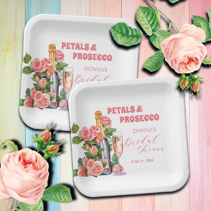 Petals and Prosecco Bottle and Roses Bridal Shower Paper Plates