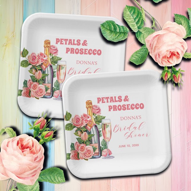 Petals and Prosecco Bottle and Roses Bridal Shower Paper Plates (Creator Uploaded)