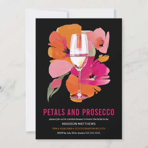 Petals and Prosecco Bridal Shower Black Invitation