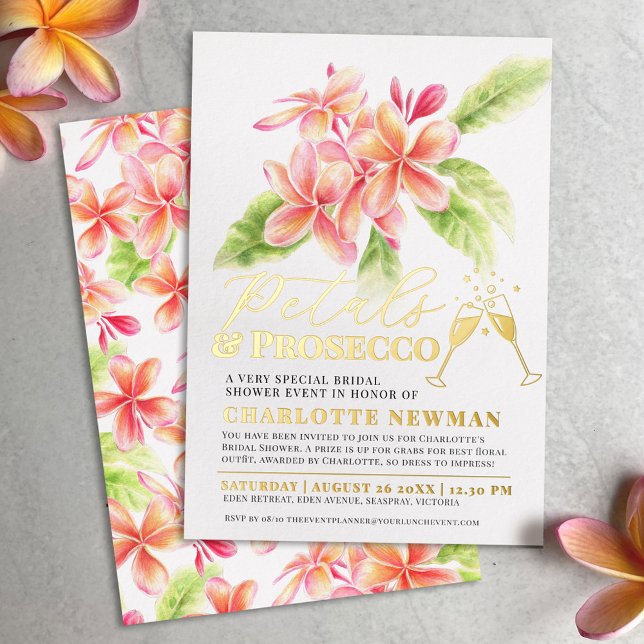 Petals and Prosecco Bridal Shower Frangipani art Foil Invitation (Creator Uploaded)