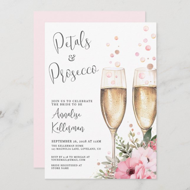 Petals And Prosecco Bridal Shower Invitation (Front/Back)