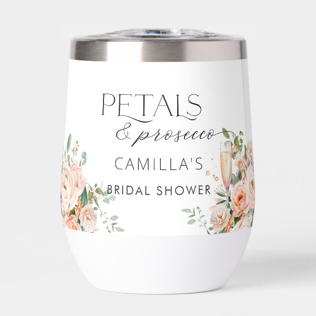 Petals And Prosecco Bridal Shower Thermal Wine Tumbler (Front)